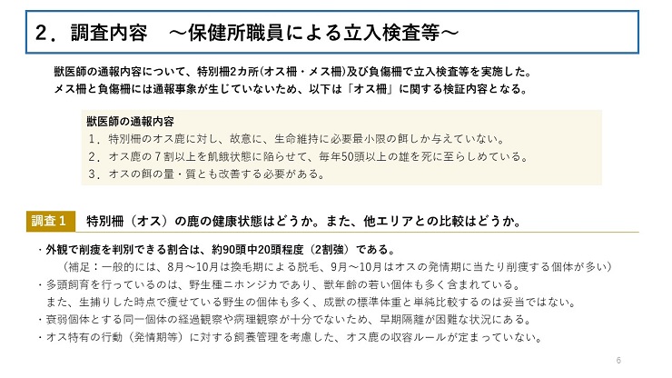 獣医師の通報内容について、特別柵2カ所(オス柵・メス柵)及び負傷柵で立入検査等を実施した。 メス柵と負傷柵には通報事象が生じていないため、以下は「オス柵」に関する検証内容となる。 獣医師の通報内容 1.特別柵のオス鹿に対し、故意に、生命維持に必要最小限の餌しか与えていない。 2.オス鹿の7割以上を飢餓状態に陥らせて、毎年50頭以上の雄を死に至らしめている。 3.オスの餌の量・質とも改善する必要がある。【 調査1 特別柵(オス)の鹿の健康状態はどうか。また、他エリアとの比較はどうか。】 外観で削痩を判別できる割合は、約90頭中20頭程度(2割強)である。(補足:一般的には、8月~10月は換毛期による脱毛、9月~10月はオスの発情期に当たり削痩する個体が多い) 多頭飼育を行っているのは、野生種ニホンジカであり、獣年齢の若い個体も多く含まれている。また、生捕りした時点で痩せている野生の個体も多く、成獣の標準体重と単純比較するのは妥当ではない。 衰弱個体とする同一個体の経過観察や病理観察が十分でないため、早期隔離が困難な状況にある。オス特有の行動(発情期等)に対する飼養管理を考慮した、オス鹿の収容ルールが定まっていない。