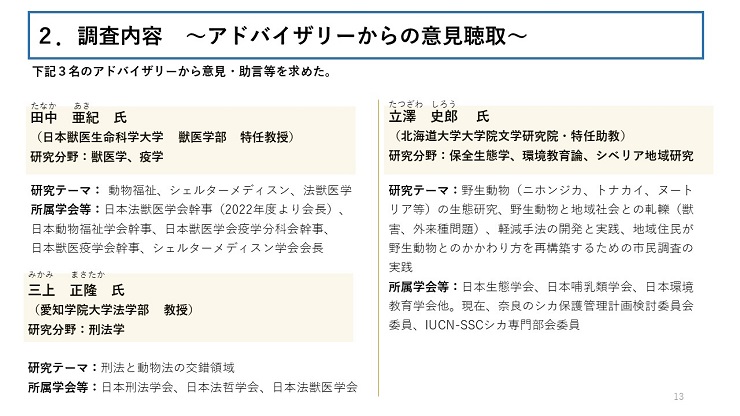 下記3名のアドバイザリーから意見・助言等を求めた。 田中 亜紀氏(日本獣医生命科学大学 獣医学部 特任教授)、三上 正隆氏(愛知学院大学法学部 教授)、立澤 史郎氏(北海道大学大学院文学研究院・特任助教)