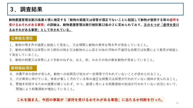 動物愛護管理法第25条第4項に規定する「動物の飼養又は保管が適正でないことに起因して動物が衰弱する等の虐待を受けるおそれがある事態」の詳細は、動物愛護管理法律施行規則第12条の2に定められており、次の6つが「虐待を受けるおそれがある事態」として示されている。 【公衆衛生項目】1.動物の鳴き声が過度に継続して発生し、又は頻繁に動物の異常な鳴き声が発生していること。2.動物の飼養又は保管に伴う飼料の残さ又は動物のふん尿その他の汚物の不適切な処理又は放置により臭気が継続して発生していること。3.動物の飼養又は保管により多数のねずみ、はえ、蚊、のみその他の衛生動物が発生していること。 【動物福祉項目】4.栄養不良の個体が見られ、動物への給餌及び給水が一定頻度で行われていないことが認められること。5.爪が異常に伸びている、体表が著しく汚れている等の適正な飼養又は保管が行われていない個体が見られること。6.繁殖を制限するための措置が講じられず、かつ、譲渡し等による飼養頭数の削減が行われていない状況において、繁殖により飼養頭数が増加していること。 【これを踏まえ、今回の事案が「虐待を受けるおそれがある事態」に当たるか判断を行った。】