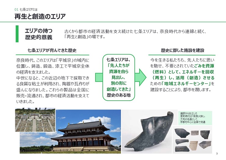 エリアの持つ歴史的意義 古くから都市の経済活動を支え続けた七条エリアは、奈良時代から連綿と続く、
「再生と創造」の場です。
