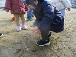 地面に落ちたシャボン玉に気が付いた様子
