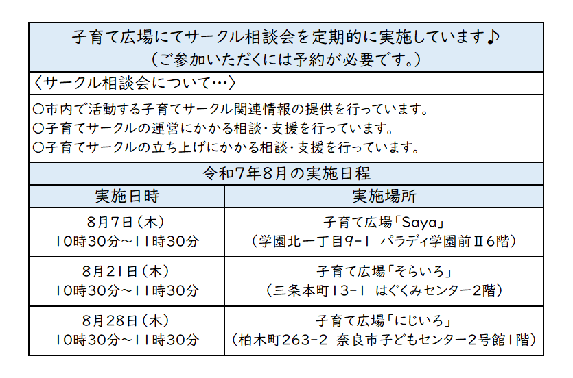 子育てサークル実施日程