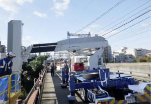 橋の上を橋梁点検車両で点検作業をしている様子の画像