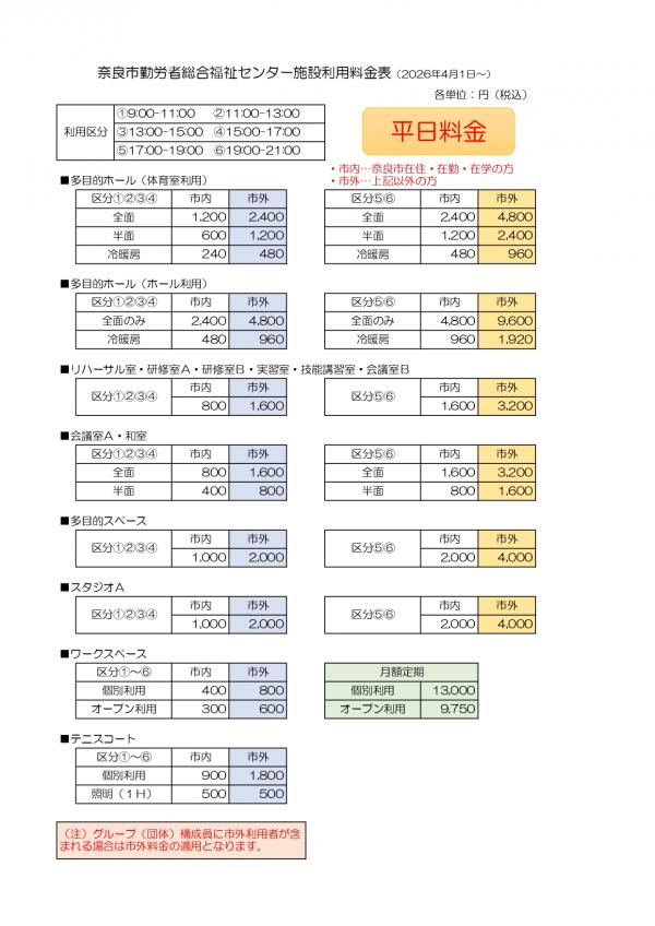 利用料金表（平日）