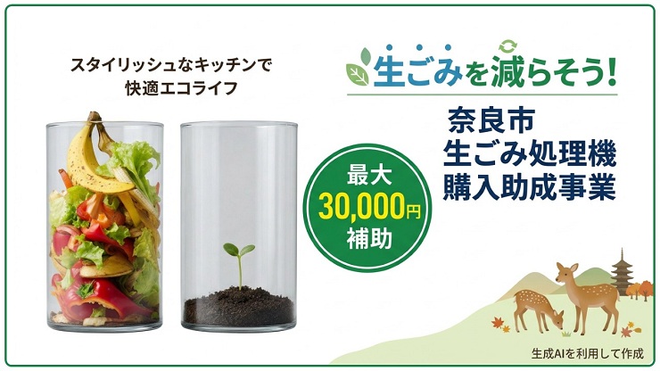 奈良市の家庭系可燃ごみの中で、最も多いものは生ごみ類、生ごみ類減量の取り組みの一つとして、今年度も生ごみ処理機器の購入助成事業を実施します。