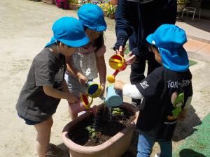 水やりをする3歳児