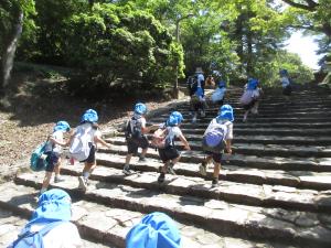 長い階段を登っています