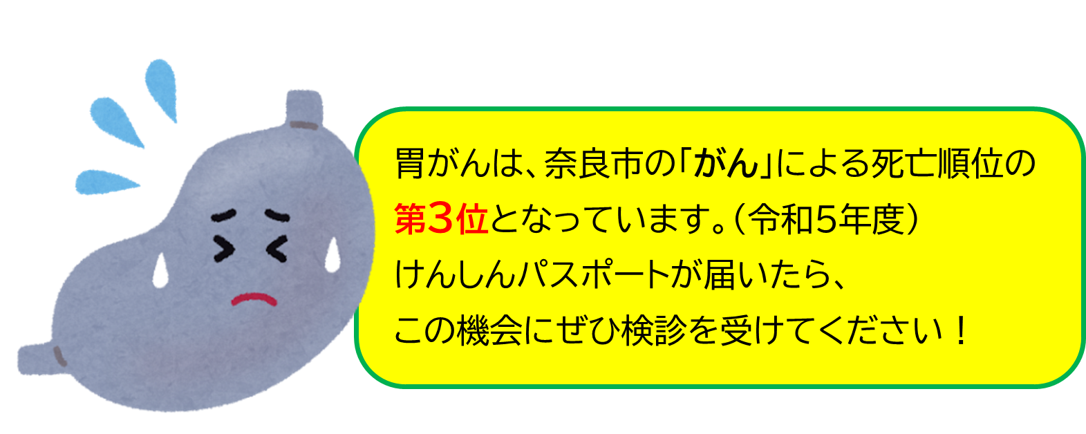 胃がんは、奈良市のがんによる死亡順位の第3位となっています。(令和5年度)けんしんパスポートが届いたら、この機会にぜひ検診を受けてください。