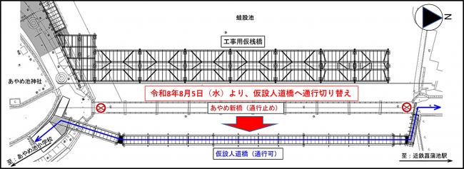 仮設人道橋への通行切り替え経路を示す平面図