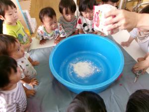 サラサラの小麦粉を見ている