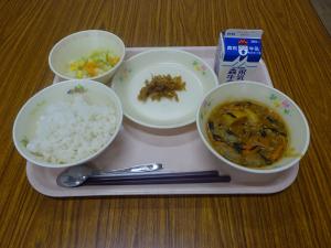 献立の写真　ご飯・牛乳・ひじきカレー・サラダ・福神漬