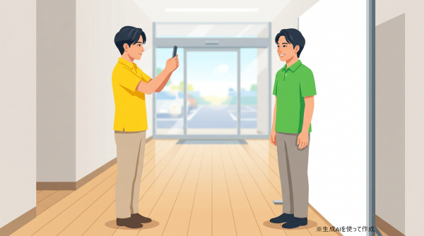 フォトパネル前で写真を撮る